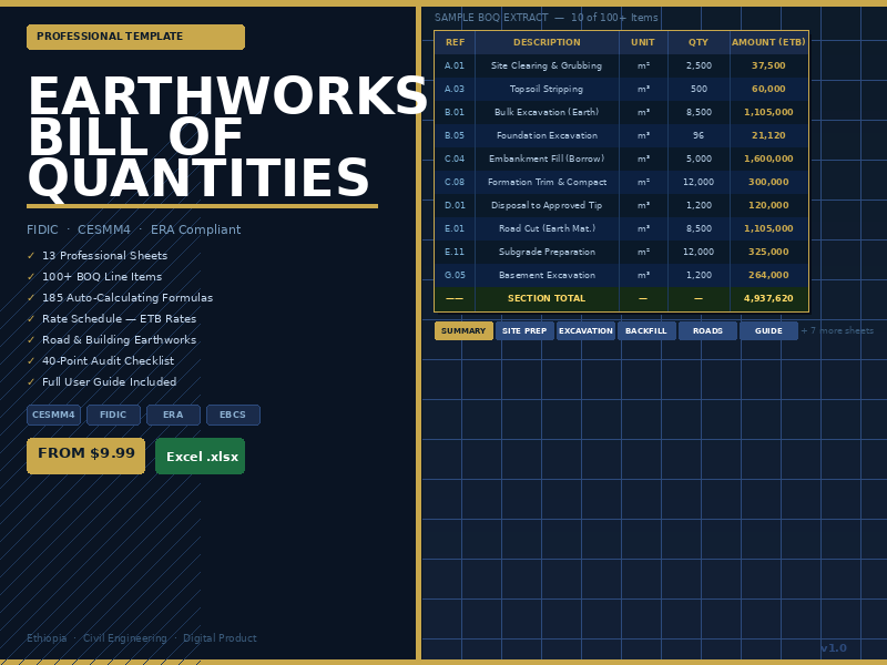 Professional Earthworks BOQ Template — FIDIC / CESMM4 / ERA Compliant (Excel)
